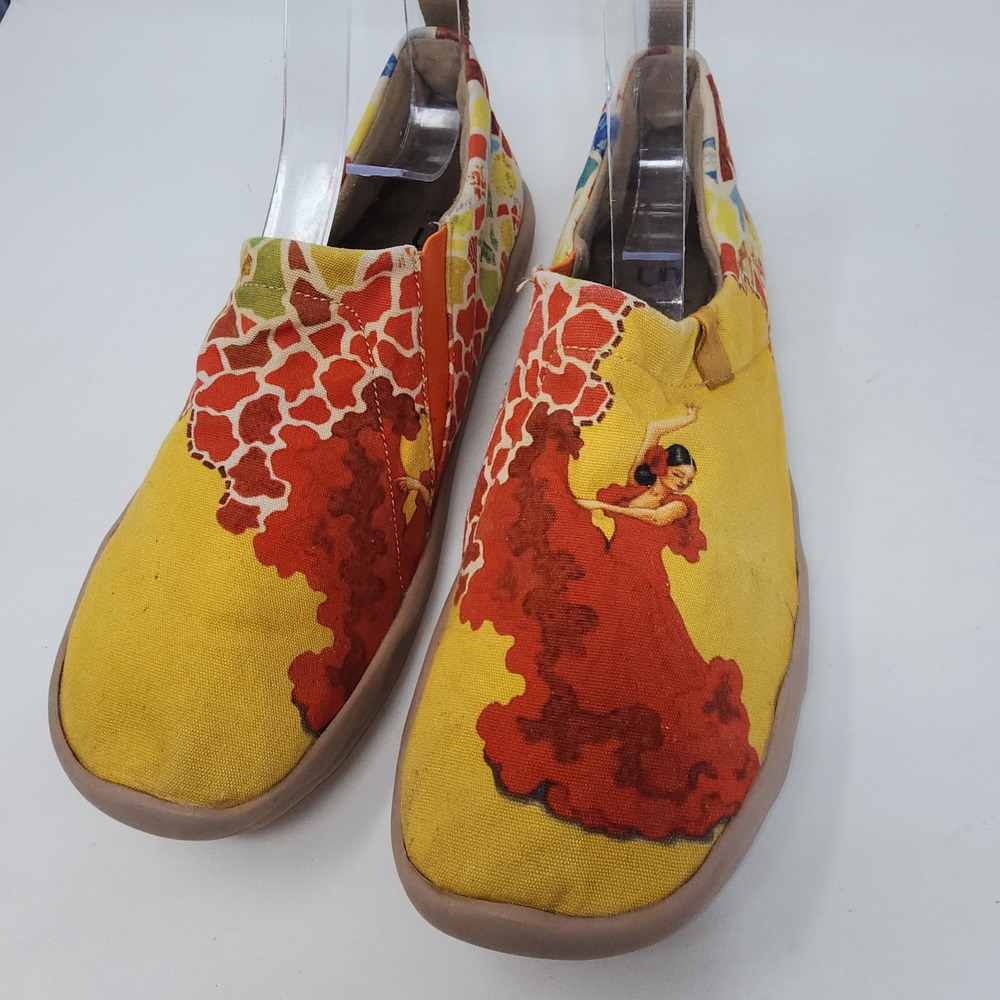 UIN Story Slip On Shoes Womens 10 Yellow Flamenco Dancer Canvas Travel Loafers